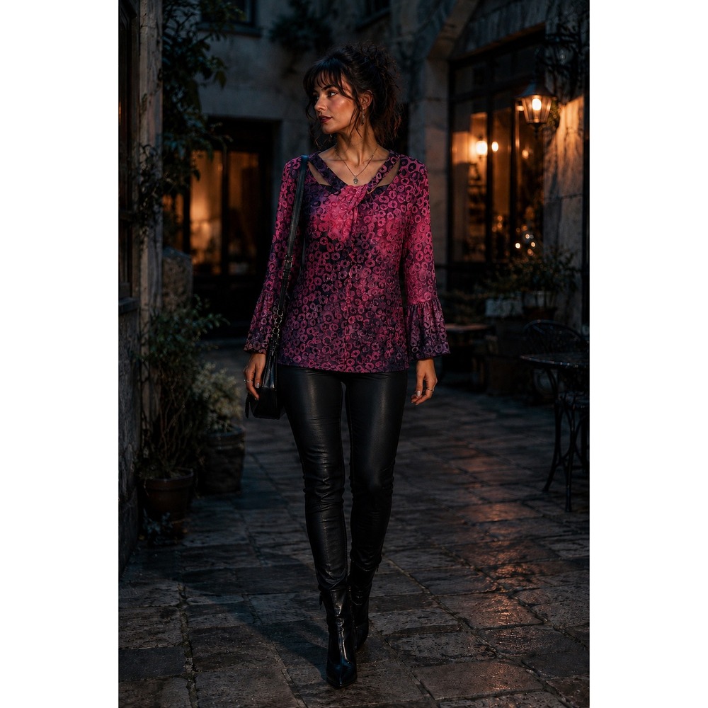 Ruby Rd XL Pink Black Velvet Burnout Tunic Bell Sleeve Whimsigoth Art to Wear - Picture 1 of 8